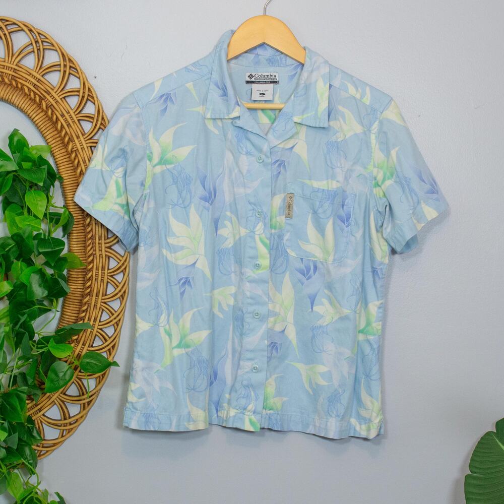 Vtg Columbia Hawaiian Shirt Pastel Blue Tropical Outdoor Top L | Light Spring